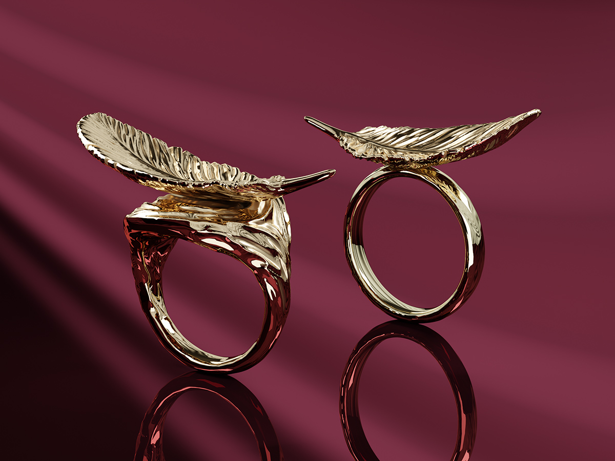 Rings with a Feather. Jewelry design and 3D Rendering. Sculpted jewellery.